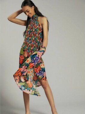 Anthropologie 100% Silk Halter Floral Print Dress Sz XS